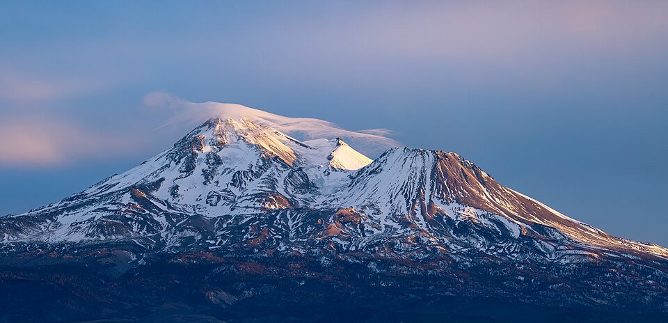 Mount Shasta at dusk — the modern epicenter of hollow earth belief